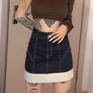 Faux Shearling Panel A-line Denim Skirt