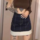 Faux Shearling Panel A-line Denim Skirt