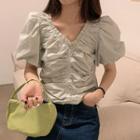 V-neck Puff-sleeve Blouse Pea Green - One Size