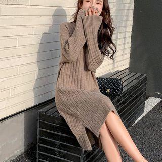 Mock-neck Ribbed Sheath Sweater Dress