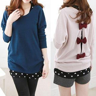 Set: Long-sleeved Bow-accent Cardigan + Heart Print Knit Tank Top