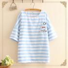 Dog Embroidered Striped Short-sleeve Top
