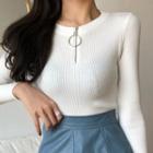 Zip Front Long Sleeve Ribbed Knit Top