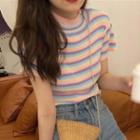 Short-sleeve Striped Knit Top Pink - One Size