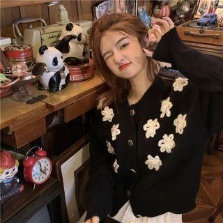 Floral-accent Cardigan Black - One Size
