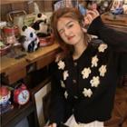 Floral-accent Cardigan Black - One Size