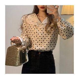 Long-sleeve Lace Trim Printed Blouse