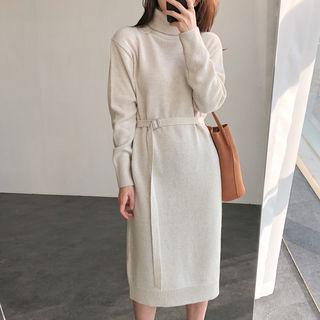 Turtle-neck Wool Blend Knit Dress With Sash