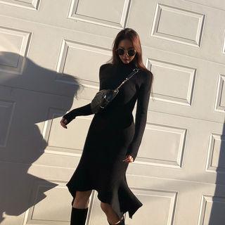 Mock-neck Asymmetric-hem Knit Dress