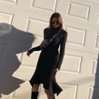 Mock-neck Asymmetric-hem Knit Dress