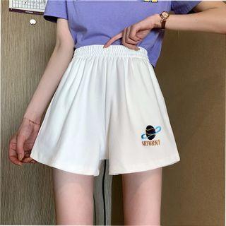 Band-waist Planet Embroidered Wide-leg Shorts