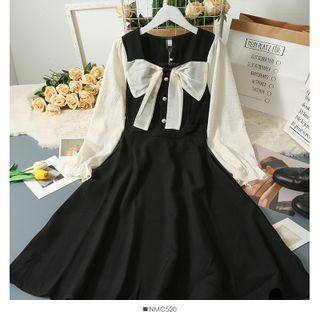 Ribbon-accent Square-neck Midi Dress Black - One Size