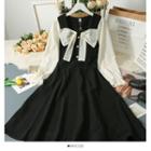 Ribbon-accent Square-neck Midi Dress Black - One Size
