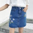 Floral Embroidered Denim Skirt / Buttoned Denim Skirt