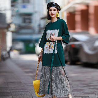 Mock Two-piece Mesh Panel 3/4-sleeve Midi Dress