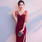 Mesh Panel Elbow-sleeve Sheath Evening Gown