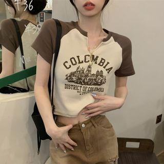 Short-sleeve Notch Neck Vintage Print Crop T-shirt