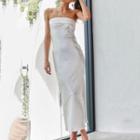 Strapless Plain Open Back Satin Midi A-line Dress
