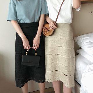 Straight Cut Eyelet Lace Midi Skirt