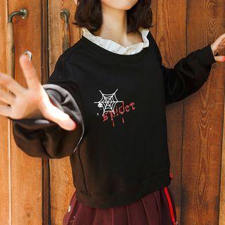 Spider Print Ruffle-hem Long-sleeve Sweater