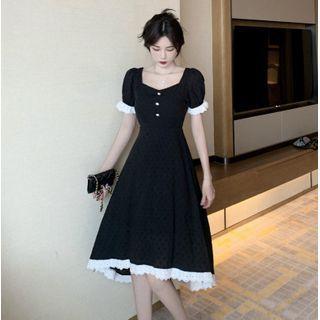 Eyelet Trim Short-sleeve Midi A-line Dress