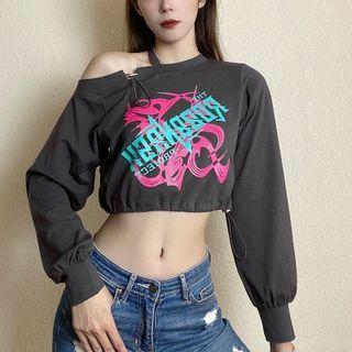 Graphic Print Off-shoulder Cropped Sweatshirt