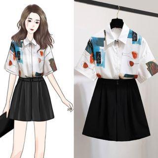 Elbow-sleeve Print Shirt / Wide-leg Shorts / Set
