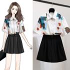 Elbow-sleeve Print Shirt / Wide-leg Shorts / Set