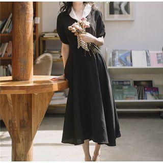 Elbow-sleeve Polka Dot Ribbon A-line Midi Dress