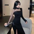 Mesh Panel Long-sleeve Slit Midi Sheath Dress