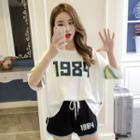 Set: Number Print Elbow Sleeve T-shirt + Drawstring Shorts