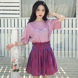 Embroidered Loose-fit Short-sleeve T-shirt / Frilled High-waist Pleated Skirt