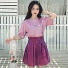 Embroidered Loose-fit Short-sleeve T-shirt / Frilled High-waist Pleated Skirt