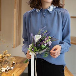 Lace-collar Shirred Blouse