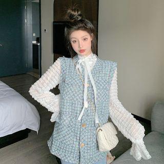 Plaid Button Vest / Long-sleeve Tie-neck Blouse