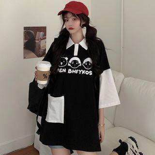Two-tone Cartoon Print Polo Shirt