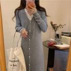 Mock Two-piece Long-sleeve Button-up Midi Sheath Dress Gray - One Size