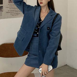 Corduroy Blazer / Mini A-line Skirt / Striped Knit Top