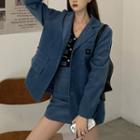 Corduroy Blazer / Mini A-line Skirt / Striped Knit Top