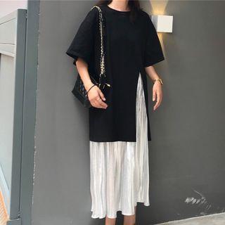 Short-sleeve Slit T-shirt / Accordion Pleat Midi Skirt