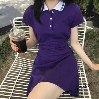 Short-sleeve Color Block Collar A-line Mini Polo Dress