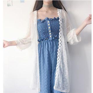 Set: Spaghetti-strap Smocked Top + Wide-leg Pants / Light Jacket