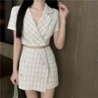 Plaid Short-sleeve Cropped Blazer / Mini A-line Skirt