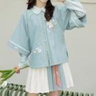 Set: Elbow-sleeve Embroidered Hanfu Top + Peter Pan Collar Shirt + Tie-waist Pleated Skirt