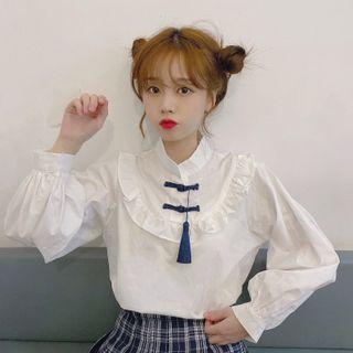 Long-sleeve Frill Trim Stand Collar Frog-buttoned Blouse White - One Size