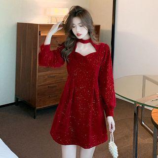 Long-sleeve Cutout Glitter Mini A-line Dress