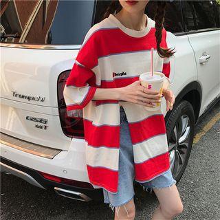 Slit-hem Striped Short Sleeve Loose T-shirt