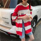 Slit-hem Striped Short Sleeve Loose T-shirt