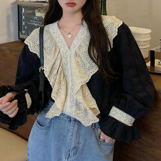 Eyelet Lace Ruffle V-neck Blouse