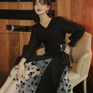 Color-block V-neck Panel Floral Long-sleeve Dress